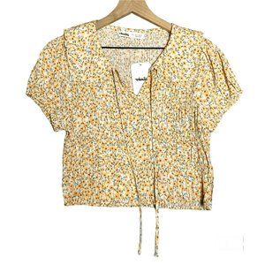 Elodie Smocked Peter Pan Collar Crop Top Ditsy Daisy Ecru/Yellow Size L NEW!